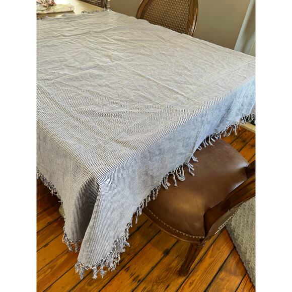 Preppy Blue and White Gingham Check Fringed Square Tablecloth - Picture 6 of 6